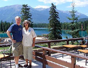 The view of glacial Lake Beauvert from our patio room at the Fairmont Jasper Park Lodge. All the Fairmont lodges offer sumptuous breakfast buffets in addition to a la carte choices.