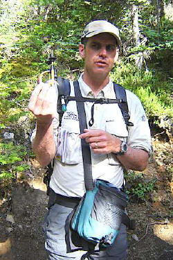 Mike Vincent was one of several very accomplished and committed hotel naturalists at Lake Louise. Mike is also an "extreme skiier", mountain biker, and backpacking guide. The "Mountain Heritage Program" at the Chateau Lake Louise offered daily guided hiking tours of various durations. Here Mike holds both a large grizzly claw and the smaller, deeply curved claw of a black bear. The grizzly claw serves as a shovel for digging. The black bear claw is more like a cat's claw.. for ripping and climbing.