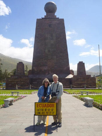 "Middle of the World" monument is 30 meters high. The Equator is symbolized by the yellow line.